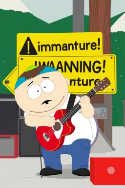 a very immature adult man playing music, cartman south park, sign in background that says "Warning!" "immature"