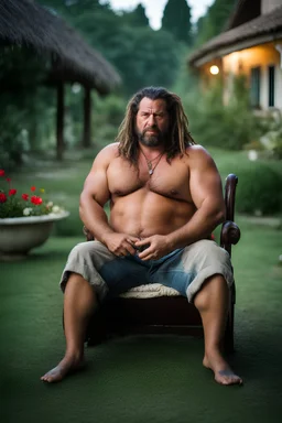 half figure shot photography of a burly strong stocky chubby muscular built short gipsy shirtless homeless hairy man 39 years old in opened broken shorts, manly chest, curly beard, dreadlocks,ajar mouth, sweat, wet, angry, sitting on a chair on the meadow, in a private elegant garden of a villa, raining nighttime, big shoulders, ambient occlusion, photorealistic, frontal view from the ground, dim light from little bulbs