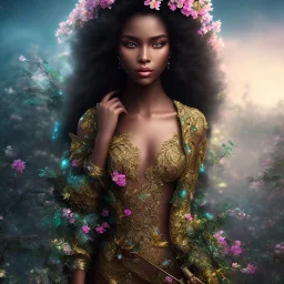 black skin fairy, beautiful portrait, flowery landscape