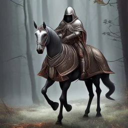 hooded knight on a black horse in the forest