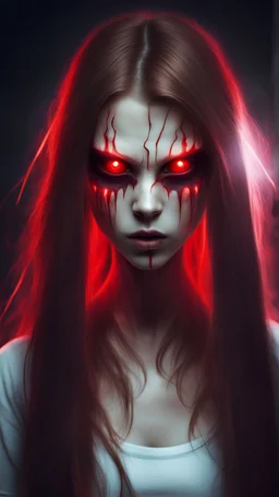 make a scary monster that is a girl and she has long brown hair and has red laser eyes with red lasers coming out of her eyes