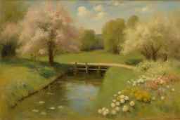 amazing sunny spring day, trees, flowers, fence, little pond, philip wilson steer impressionism painting