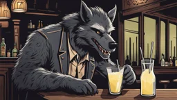 A happy werewolf with a pompadour haircut drinking a Pina Colada at a bar in London. Illustration.
