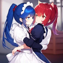 Clear Focus, High resolution, wearing a maid uniform, fluffy hair and a long ponytail, blue hair, cat ears, meowing, hugging another girl with red long fluffy hair also wearing a maid outfit, looking at you