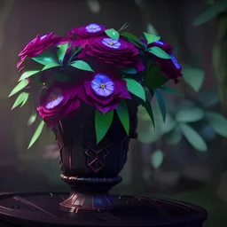 Exotic flowers in a black pot, 8k,unreal engine, very detailed,flashy colors, forest background,realistic, cinema 4D