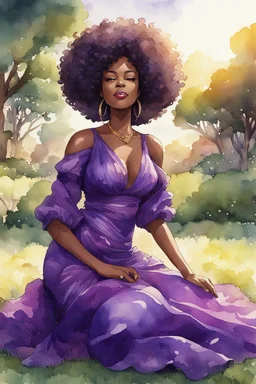 Afrofuturism watercolor image of a black female cartoon of a curvaceous woman with flowing of tight curly afro of black hair that's highly detailed, wearing a purple maxi dress. She sits relaxed on the grass facing the warm sunlight, which illuminates her face as she looks to the side with a small smile, accentuating her prominent makeup, lush lashes and brown eyes. with green and hot pink roses all around