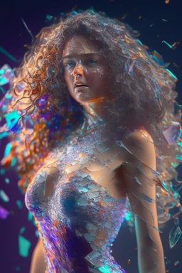 Shattered glass, insanely beautiful female with beautiful wavy hair and perfect body figure (athletic body type) wearing mini clothes intricate intricate details very attractive fantastic view 4K 3D colourful amazing light effect 4K resolution concept art acrylic colors