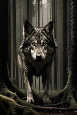 A giant wolf in a forest that stares at you anrgy