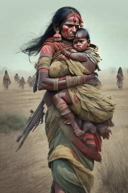 an indian warrior mother in war field carrying her baby on her back