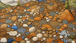 A brown rocky plain with stones designed in German folk art painted by the Limbourg brothers