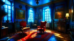 This room, bathed in ethereal light, is a labyrinth of dreams and shadows. The blue chair, a throne for the king of ghosts, stands in the middle of the chaos, surrounded by furniture that seems to move and change shape at will. The paintings on the walls are windows to other worlds, each telling a story of mystery and wonder. The red carpet, like a river of blood, flows through the room, guiding visitors through this surreal realm. At the center of it all, the open door, an invitation to the unk