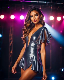 full-body closeup shot of a young, beautiful girl with a perfect face and makeup,wearing pretty dance dress standing in a stage of a luxury disco stage with perfect lights