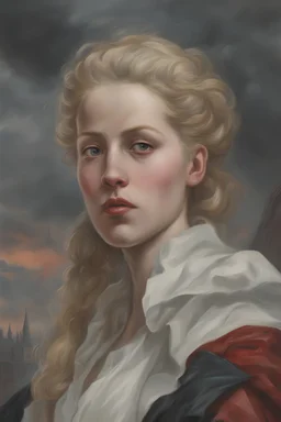 Sweden in the 18th century anarchists Alexandra "Sasha" Aleksejevna Luss oil paiting by artgerm Pieter Pauwel Rubens style anarchists in the background of a terrible storm in city