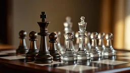 Wooden chessboard with glass chess pieces, refraction, beautiful lighting, attractive composition, photorealistic, colour photograph, chiaroscuro