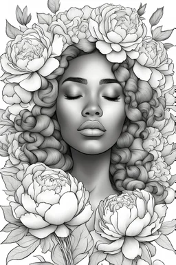 young Black woman, coloring page of big beautiful bouquet of peonies all around her face, her eyes are closed and dreaming peacefully, only her face shows, her face fully covered by the bouquet of peonies, use black outline with a white background, clear outline, no shadows