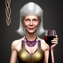 elder xena, 60 years old white hair drinking a glass of red wine