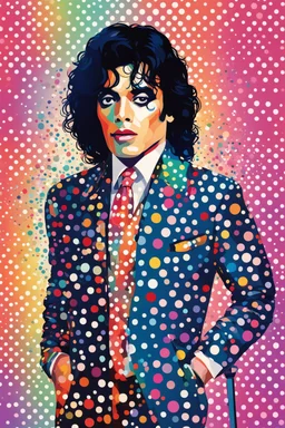 colorful Illustration of a michael jackson microphone in hand and looking at the camera. Polka dots in the background. by munch