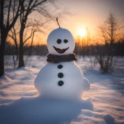 a villanous horror snowman, eerie sunset background, soft sunlight,