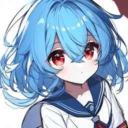 Clear focus, High resolution, rough line sketch art, cute, cartoon, medium blue hair, hair between eyes, fluffy hair, red eyes, wearing a sailor uniform