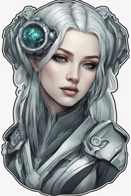 a sticker with a drawing of a woman's face, cyberpunk art inspired by Marco Mazzoni, Artstation, fantasy art, fantasy sticker illustration, intricate digital artwork, cyborg - girl with silver hair