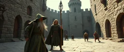 movie poster[Shot 6] An cinematic fantasy scene in an ancient stone courtyard of a Forgotten Realms castle, late afternoon. Begin with a low wide establishing shot moving slowly forward toward a young wizard in a weathered green cloak and his adventuring companions, a rugged barbarian and cautious ranger. Two goblins approach in the background. The camera gently arcs around the wizard as he raises his staff and confidently begins a summoning spell. poster