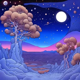 Peaceful, Max Ernst, night sky filled with galaxies and stars, rock formations, trees, flowers, one-line drawing, sharp focus, 8k, 3d, intricate, rich colors