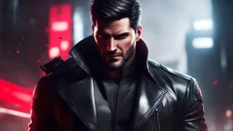 a man in a leather jacket holding a gun, iconic character splash art, high detail iconic character, portrait of adam jensen, wallpaper 4 k, wallpaper 4k, crimson themed, background artwork, artstation masterpiece, hd wallpaper, guillem h. pongiluppi, fantasy art smug smile man, hq 4k wallpaper, concept art like ernest khalimov