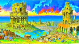 Destroyed City, medieval ruins, debris, stone, breched, brocken, Perspektiv from the sky, by Jean-Baptiste Monge, Ivan Bilibin, Albert Bierstadt, Reza Badrossama, watercolor, intricate details, fantasy, beautiful, oil on canvas, award winning, imperial colours, fantastic view, radient colours, very attractive, crisp quality