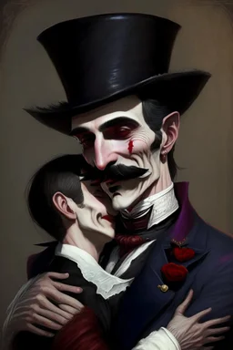 Strahd von Zarovich with a handlebar mustache wearing a top hat hugging a Harengon