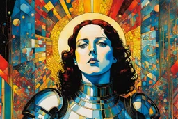 Create chaotic abstract cubist religious triptych depicting martyred Saint Joan of Arc, with highly detailed facial features, in the style of Bill Sienkiewicz, Philippe Druillet, Gustav Klimt, and Jean Giraud Moebius, precisely drawn, colored and inked