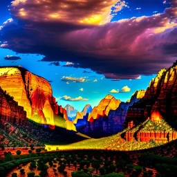 Zion National Park, Utah,aerial view,cloudy,extremely detailed digital painting, high resolution,8k, realistic, beautiful, volumetric lighting, mystical colors ,perfectly centered image, perfect composition, rim light, beautiful lighting,masterpiece, stunning scene, raytracing, anatomically correct, in the style Van Gogh and robert e howard and Ken Kelley and Ohrai Noriyoshi and Simon Bisley and tomzj1.