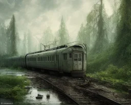 an abandoned train on tracks overgrown by nature with large puddles of water flooding part of tracks, 8k resolution, high-quality, fine-detail, intricate, digital art, detailed matte, volumetric lighting, illustration, 3D octane render, brian froud, howard lyon, selina french, anna dittmann, annie stokes, lisa parker, greg rutowski