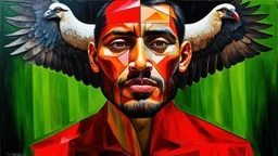 painting of asymmetrical, balance , man and vulture , cubist painting, tumblr, figurative art, asymmetrical face, red and green tones, arabic art, fantasy acrylic on canvas, trending artstion, trending on devian art, tribal art, (oil) painting,