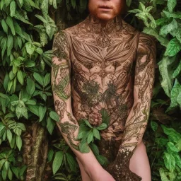 Insanely detailed photograph of An elaborate masculine forest elf man wooden skin with green eyes and wooden headpiece and tattoos, colours plants and forest