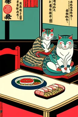 ukiyo-e style painting of two cats , sitting at a table, eating sushi