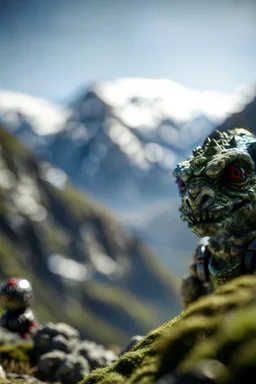 portrait of dope d.o.d in the Alps on mountain top, with rock giant creature in the background,shot on Hasselblad h6d-400c, zeiss prime lens, bokeh like f/0.8, tilt-shift lens 8k, high detail, smooth render, down-light, unreal engine, prize winning