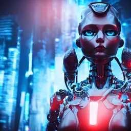 8k photo realistic cinematic portrait of NextGen cyberpunk robot close view glowing background signing namaskar photo shot