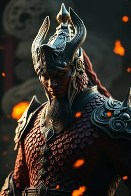 genghis khan , red skin, scales, unreal engine 6, high detail, intricate, cinematic. photoshoot style, intricate, studio lighting, masterpiece , highly detailed, 8k, best quality, fire, smoke, dramatic,d,<lora:mshn:0.7>,<lyco:Warrior_Couture:0.5>,