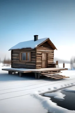 "Generate an image of a warming hut situated on 14'-0" (4.26m) Long x 7'-0" (2.13m) Wide skids in Winnipeg, Canada. The scene should reflect a snowy and icy environment, with the hut surrounded by wintry landscapes. However, for a creative twist, incorporate elements that distinctly represent Nigeria, such as indigenous patterns, colors, or cultural symbols. The image should capture the contrast between the Canadian winter setting and the Nigerian cultural influence