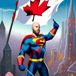 Canadian superhero throwing syrup bottle comic book art, background is a city with a Canadian flag under attack, bald, full beard, M on chest, comic book art, art style by dark horse comics, high resolution, 8k