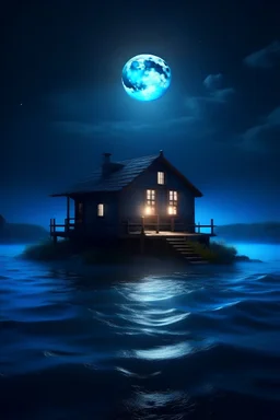 Create digital arts of house in the sea and Moon is shining and lights are glow on the surrounding