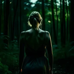 woman in a sleeveless dress, arms behind her head in despair, seen from the back, in a forest at night