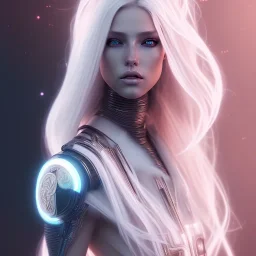 A beautiful portrait of a cute cyberpunk woman, long blond platinum hair, high key lighting, volumetric light high details with white stripes and feathers and white celtic paterns, beam starry background