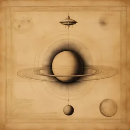 Leonardo Da Vinci's drawing on parchment of a starship in space next to a planet, a moon and a nebula