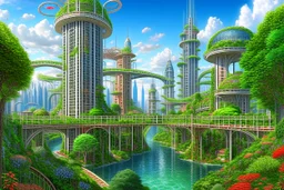 A futuristic alien city, with balconies, verandas, many arches, bridges, spires, paths, trees, dense foliage, Spanish moss, ivy, river, blue sky, white clouds