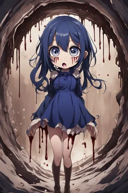 Anime girl with big eyes, darkblue and sepia tones, fullbody, slime, the perspective looking up from the bottom of an empty well, rolling eyes, tongue out, blood drip, open mouth,