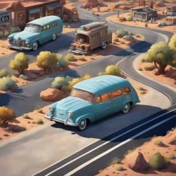 [high res photography by Ray Harryhausen] On the map of Route 66, a journey unfolds in poetic harmony. A 3D isometric view captures a camping car meandering along the historic road, its wheels spinning tales of adventure and nostalgia. The sun dances upon the asphalt, painting shadows that whisper secrets of the land. In this whimsical scene, the camping car becomes a traveler's haven, a vessel of dreams cruising through time.