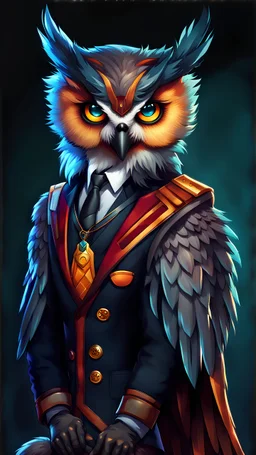 A owl fursona, Furry art, Digital art, cyberpunk, High quality, male, anthropomorphic, full body portrait, 8k resolution, bird tail, high quality, great details, within portrait, masterpiece, best quality, detailed outfit, vibrant colors, perfect eyes, feathery, human body, sfw, perfectly drawn, Taloned feet