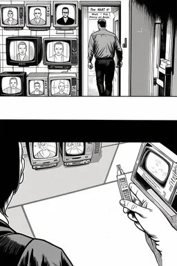 uncolored comic book page: top panel(man on his way out the door walks past a display of televisions on which a bulletin of wanted criminals mugshots appears, higher over the shoulder camera perspective), bottom panel(pov a woman's hand holding a pregnancy test that shows a positive result, tile floor below), panels divided at a 30 degree angle