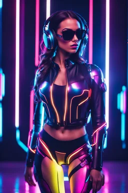 Beautiful super model woman cyborg fullybody ,headphone with sunglasses colorsfull ,background neon light